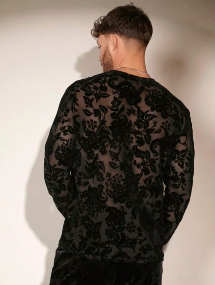 Men's Floral Print Sheer Mesh Long Sleeve T-Shirt